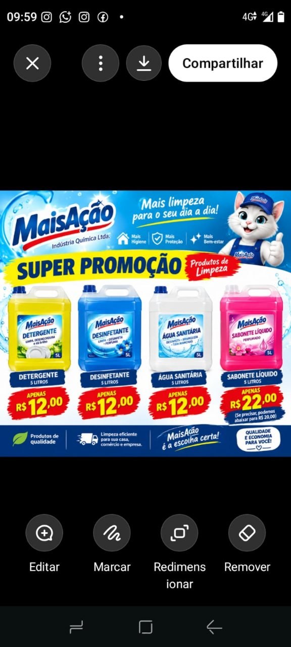 Arte promocional MaisAção com detergente, desinfetante e água sanitária a R$ 12,00 e sabonete líquido a R$ 22,00